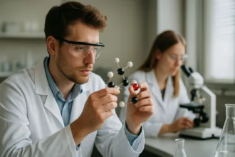 Kémiai analízis folyamatában lévő tudós laboratóriumban.