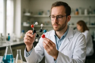 Kémikus N-etiliden-N-metilformohidrazid molekulát vizsgál