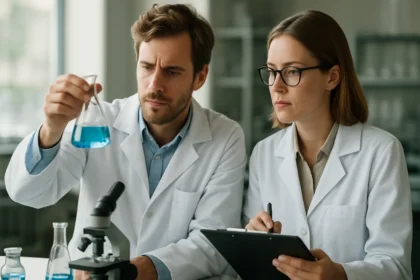 Két tudós laboratóriumban, kék folyadékkal és mikroszkóppal dolgozik.