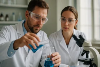 Két kémikus laboratóriumban metanolt elemeznek, biztonsági óvintézkedésekkel.