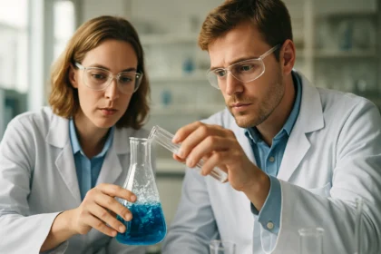 Két kutató laboratóriumban kémiai kísérletet végez.