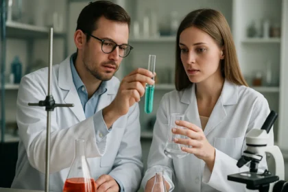 Két kutató laboratóriumban vizsgálja az NHDC édesítőszert.