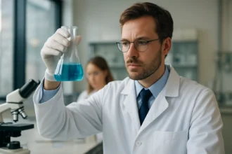 Kutató laboratóriumban kémiai kísérletet végző tudós