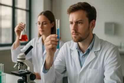 Két tudós laboratóriumban kémiai kísérleteket végez.