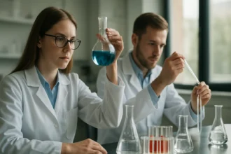 Két kutató a laboratóriumban vegyi anyagokat vizsgál.