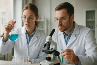 Két laboratóriumi tudós metánsavat vizsgál a mikroszkóp segítségével.