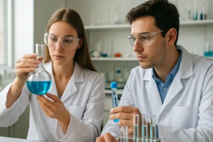 Két kémikus laboratóriumban nihónium kutatás közben.