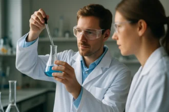 Két tudós laboratóriumban nikkel kísérlettel foglalkozik.