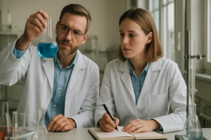 Két kutató laboratóriumban nikkel-karbonilt vizsgálva