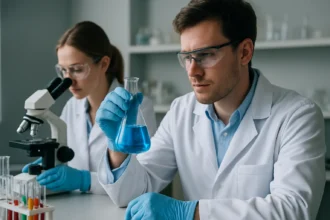 Két tudós laboratóriumi környezetben, kémiai kísérletet végezve.