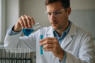 Kémiai kísérlet nikkel(II) vegyületekkel, kék folyadék