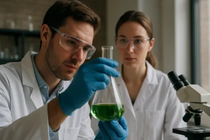 Két kémikus laboratóriumi kísérletet végez, zöld folyadékkal teli lombikban.