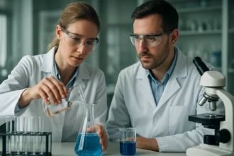 Két vegyész laborban, ón alapú vegyületek kísérletezése közben.