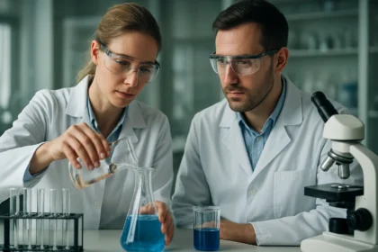 Két vegyész laborban, ón alapú vegyületek kísérletezése közben.