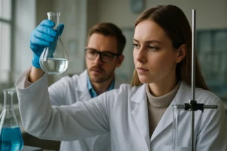 Két tudós laboratóriumban dolgozik, nikkel-monoxid kémiai vizsgálat.