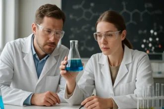 Két kutató a laborban, nikkel(II)-oxid vizsgálatát végzik.