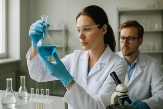 Kémiai kísérlet, folyadékot vizsgáló tudósok laboratóriumban.