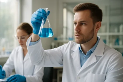 Laboratóriumi kísérletet végző tudós kémcsővel, kék folyadékkal.