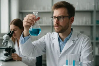 Kémikus laboratóriumban, merkuri-nitrát vizsgálata