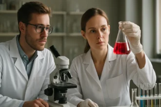 Laboratóriumi kutatók meta-xilolt vizsgálva kémiai folyadékkal