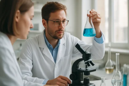 Két kutató kémiai reakciót vizsgál a laboratóriumban.