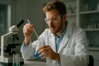 Kémikus laboratóriumban nitrálósavval végzett kísérlet során