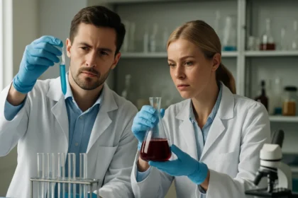 Két tudós laboratóriumban nitrátokkal végzett kísérletet végeznek.