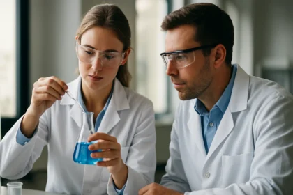 Két tudós kémiai kísérletet végez egy laboratóriumban