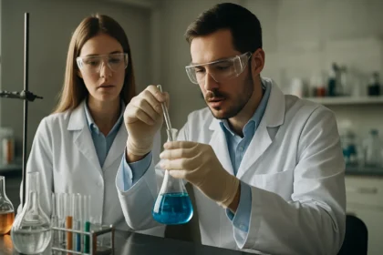 Két tudós laboratóriumban nitridálás kísérletet végez