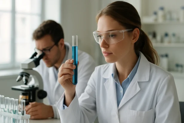 Kémikus laboratóriumban, kék folyadékot vizsgálva.