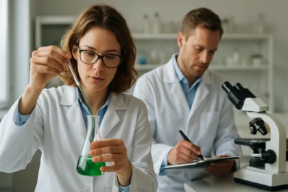 Kísérletező tudósok a laborban nitridekkel dolgoznak.