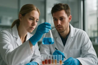 Két tudós metánsav vizsgálata laboratóriumban.