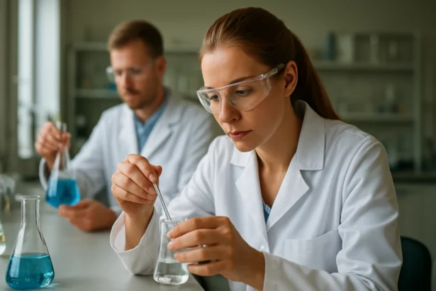 Két fiatal kutató laboratóriumban nitril vegyületekkel dolgozik.