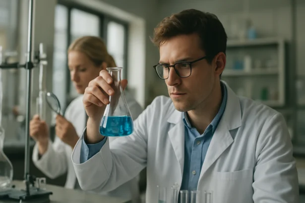 Kémikus kék folyadékkal teli lombikot vizsgál.