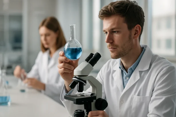 Laboratóriumi kísérlet nitrittel és mikroszkóppal a kémiai kutatásban.