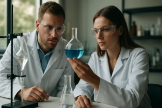 Két vegyész laboratóriumban vizsgálja a nitrocsoport reakcióit.