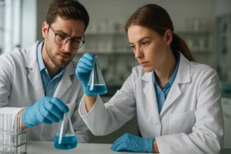 Kémikusok laboratóriumban kék oldatot vizsgálnak