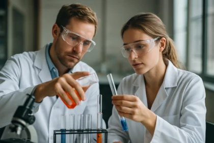 Két tudós kémiai kísérletet végez laboratóriumban.