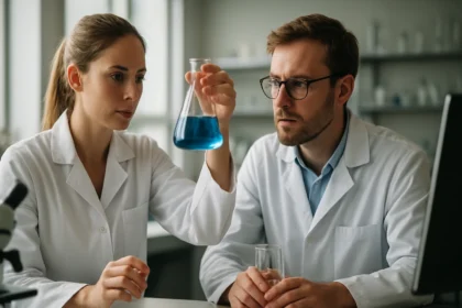 Két tudós laboratóriumban, meridionális izomériát vizsgálva, kék oldatot tartva.