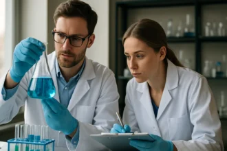 Két vegyész laboratóriumi munkát végez kémiai kísérlet során.