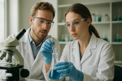 Két tudós laboratóriumi kísérletet végez nitrogén-fluoriddal.