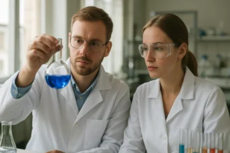 Kémiai kísérlet során nitrogén-hidrid vizsgálata laboratóriumban.