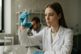 Női tudós metavanádiumsavval készült kémiai kísérlet során