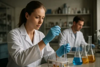 Kémiai kísérlet nitrogén-trifluoriddal egy laboratóriumban.