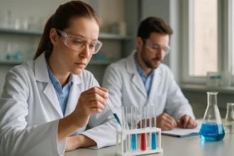 Két kémikus laboratóriumban dolgozik, vegyszereket kevernek.