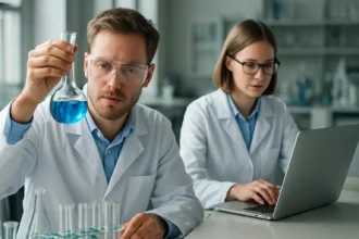 Hím és női kutató laboratóriumban, kék oldatot vizsgálva.