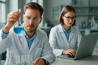 Hím és női kutató laboratóriumban, kék oldatot vizsgálva.