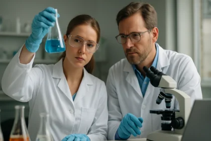 Kémikusok laboratóriumban nitrometánnal végzett kísérletezést mutatnak be