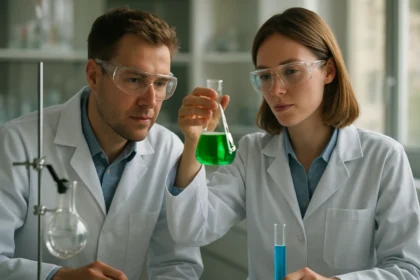 Két laboratóriumi dolgozó nitroparaffinokkal kísérletezik.