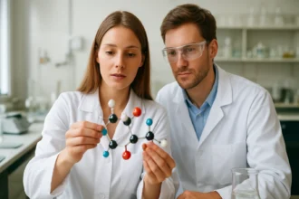 Kémiai szakemberek nitropenta molekula modelljét elemzik laboratóriumban.